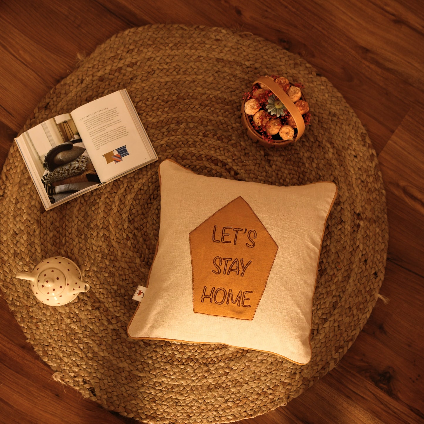 Let's Stay Home Hand-Embroided Cushion Cover