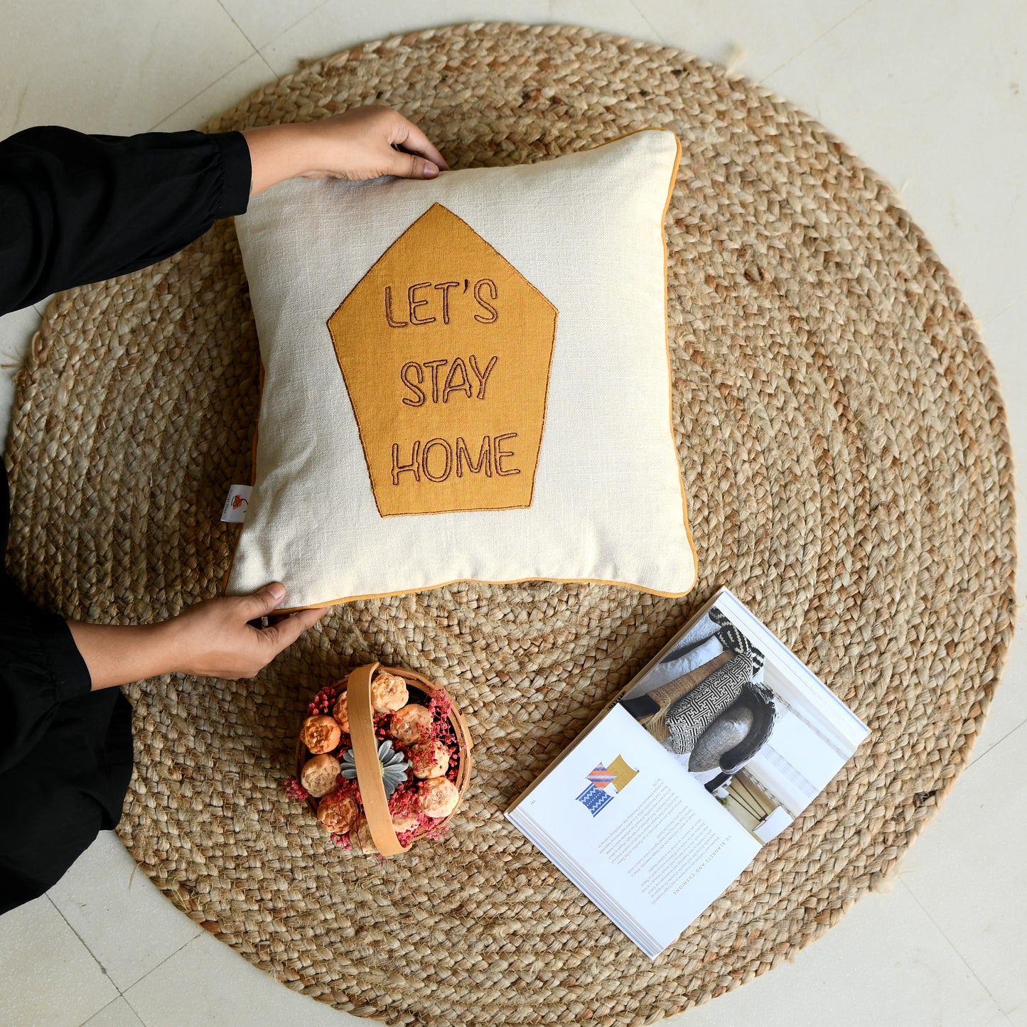 Let's Stay Home Hand-Embroided Cushion Cover