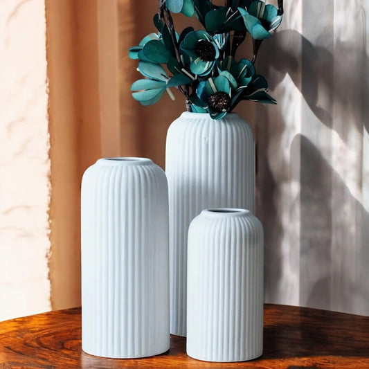 Ribbed White Ceramic Vases | Set of Three