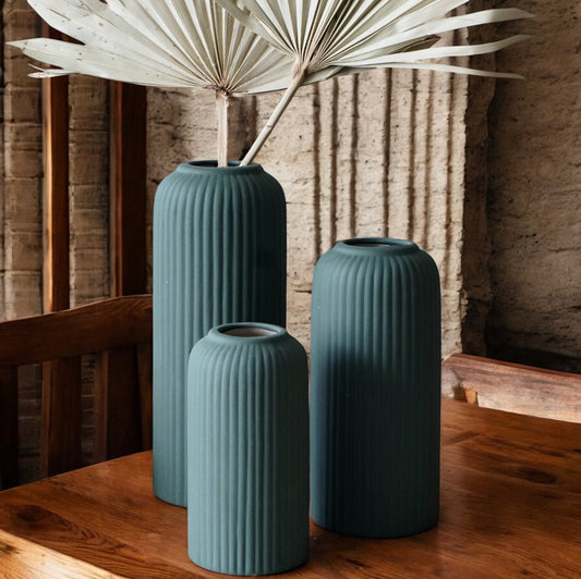 Ribbed Green Ceramic Vases | Set of Three