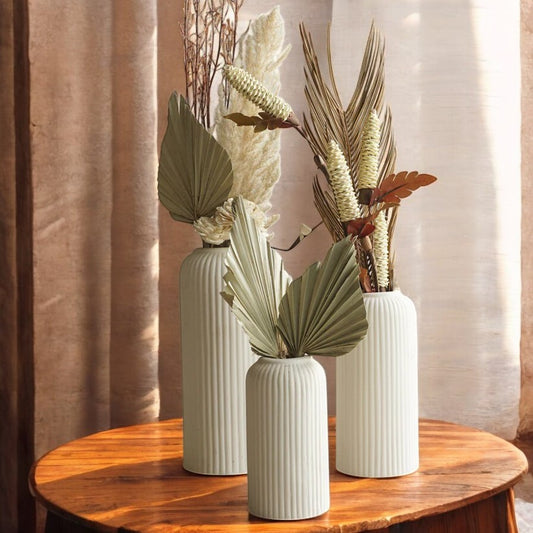 White Ribbed Vases With Dried Leaves Combo